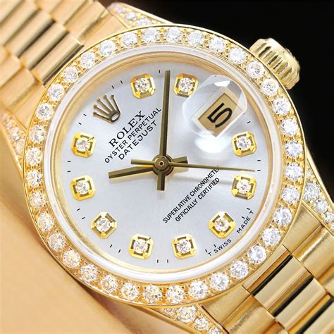 18kt gold rolex|ladies Datejust diamond bezel.